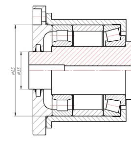 Рис. 8. Пример подшипниковой опоры, состоящей из объектно-зависимых деталей: два подшипника, вал, компенсатор, стакан, запорная крышка с уплотнением