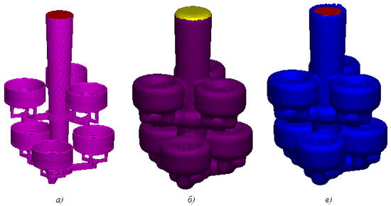 СКМ ЛП «ПолигонСофт», построение формы толщиной 10 мм для куста отливок:а) модель куста; б) результат построения оболочки;в) модель, готовая для моделирования
